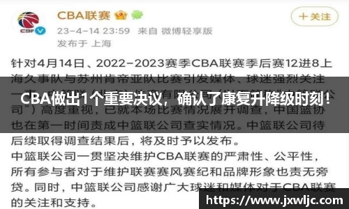 CBA做出1个重要决议，确认了康复升降级时刻！